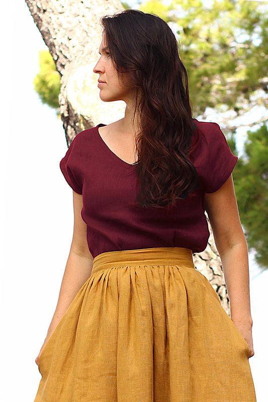 , burgundy linen skirts 